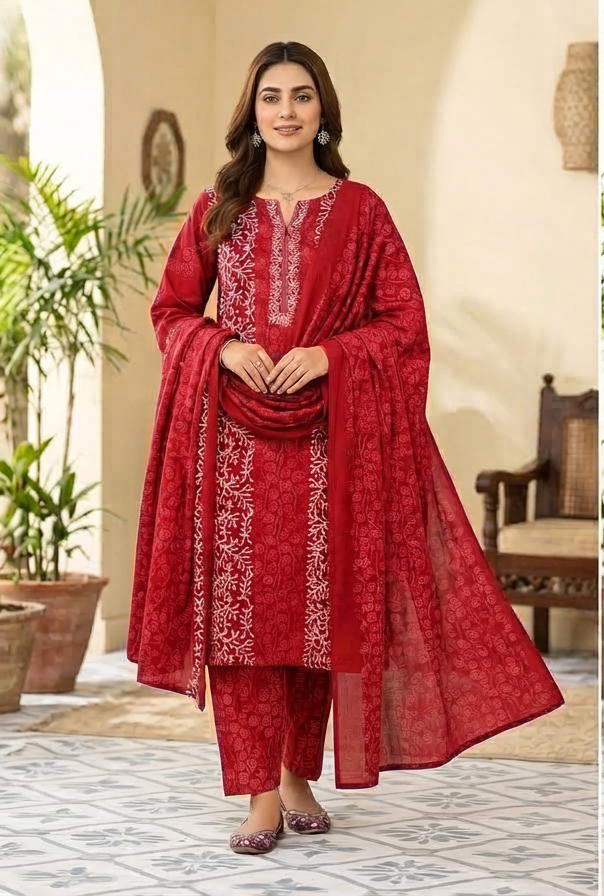 100% Cotton Bautic Print 3 pcs- red